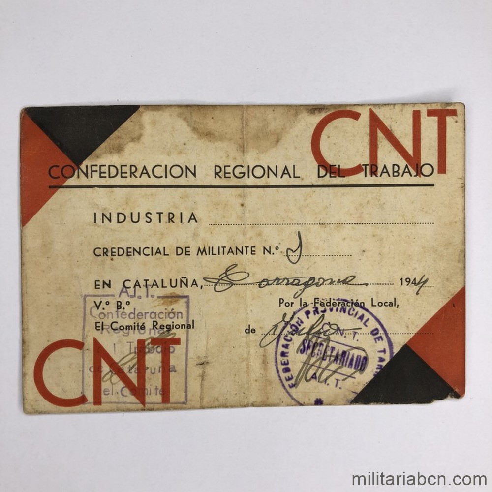 Carnet de la CNT en Tarragona Cataluña en el Exilio 1944 Militaria