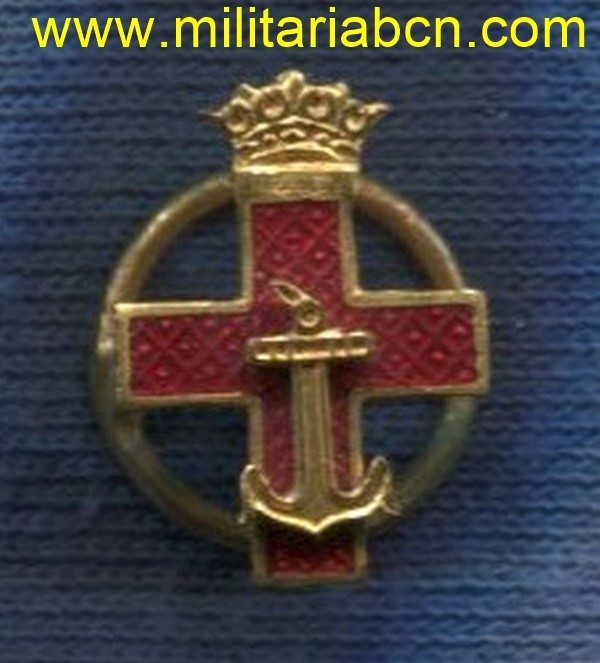 Militaria Barcelona España. Miniatura de la Cruz del Mérito Naval. Distintivo Rojo. Época de Franco. Con botón.