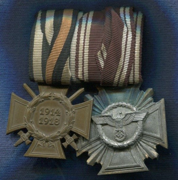 Germany III Reich. Bar with 3 Medals:  Medal 10 Years of Service to the NSDAP bronze NSDAP Partei Dienstauszeichnung in 10 Jahre Treudienste and Cross of Honor of WW1 With swords for Combatants. III Reich medal. 