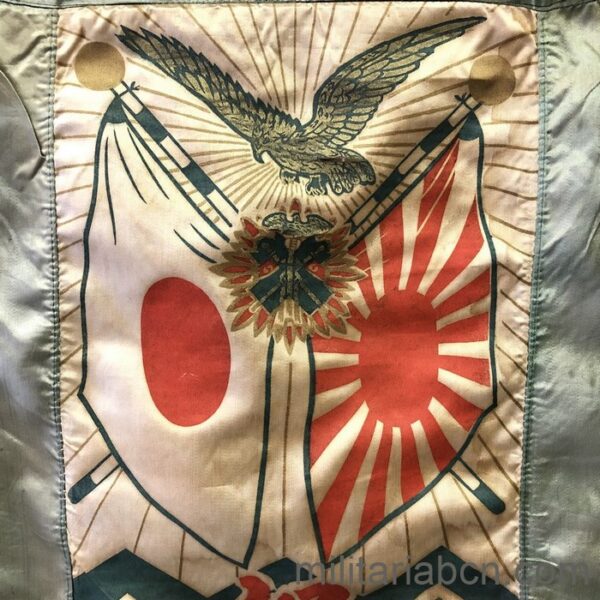 Japanese flag or banner (Shussei Nobori) from World War II. These banners, also known as "going off to war", were used in military parades when soldiers were called up and sent off by their families. With the representation of the Order of the Golden Kite. 140 x 45 cm