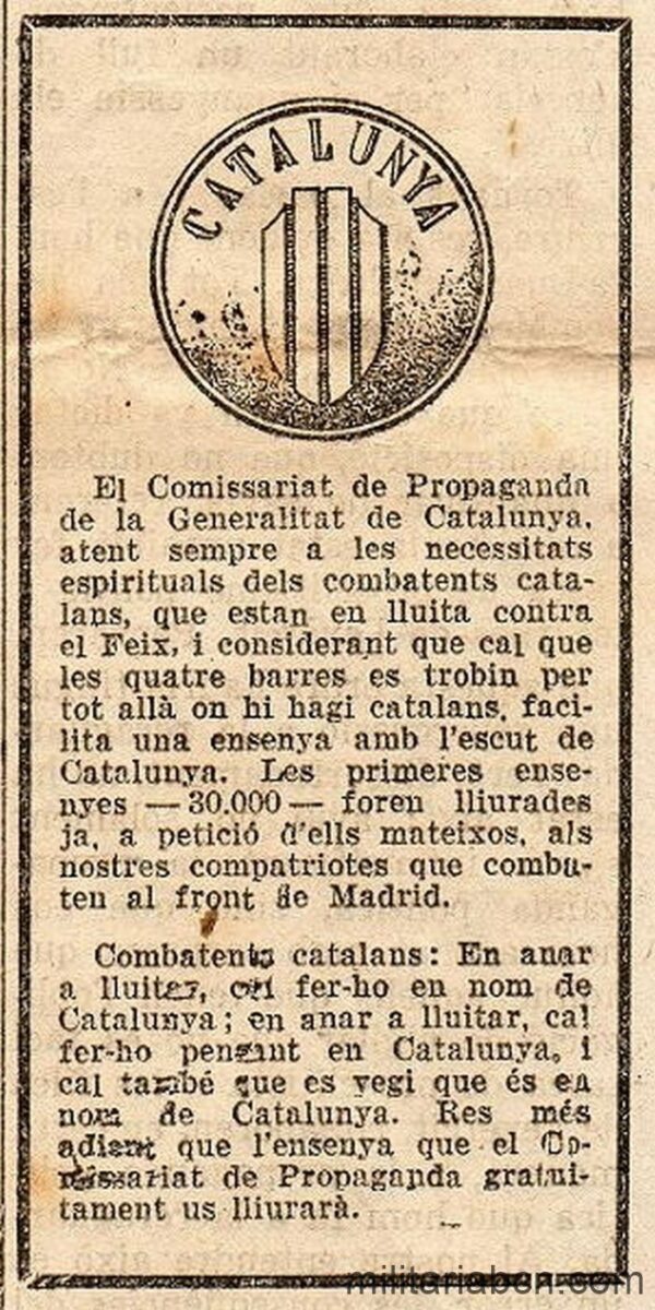 Distintiu metàl·lic circular amb el text Catalunya. Usat pels Voluntaris Catalans de la Columna Macià Companys i per altres unitats de combatents catalans en la Guerra Civil. retall