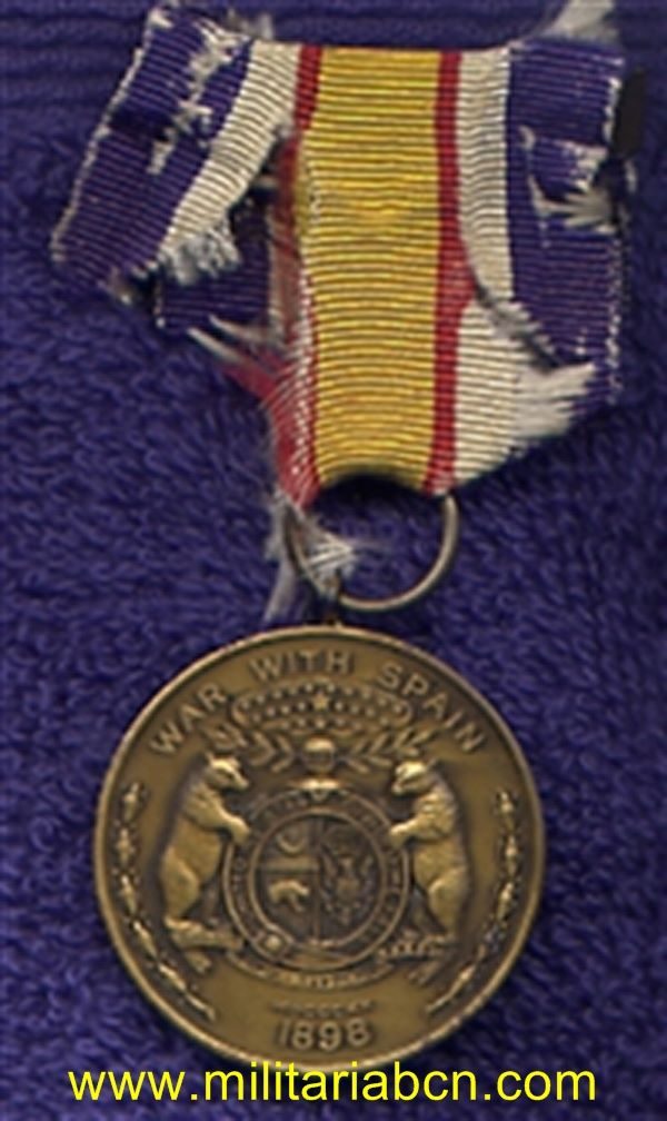 Medalla del Estado de Missouri de los USA para los combatientes de la Guerra con España y las Campañas de Filipinas. Medalla de la Guerra de Cuba. Epoca de la Regencia de Maria Cristina. 