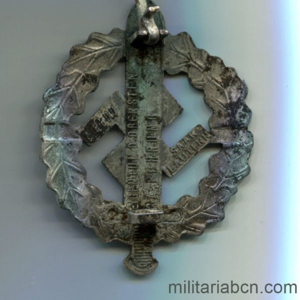 Militaria Barcelona SA Sports Badge. Silver version. Marked Eigentum C. Obersten SA Führung Saar Lautern Reverse Markings