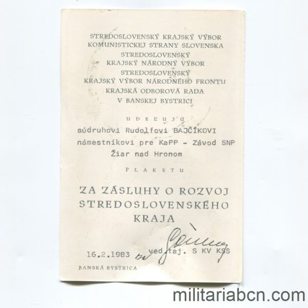 Militaria Barcelona Czechoslovak Socialist Republic.  Medal of Merit for the Development of the Central Slovakia. Award document