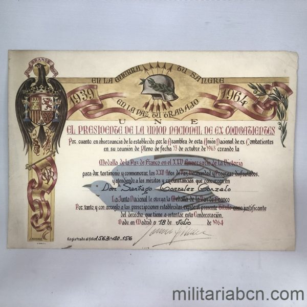Militaria Barcelona Documento de Concesión de la Medalla de 25 Años de Paz. Madrid, 18 de Julio de 1936. 238 x 348 mm.