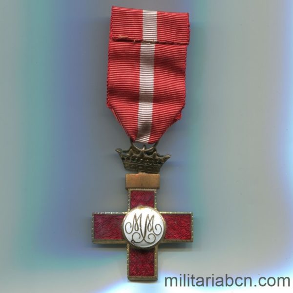Militaria Barcelona Cruz al Mérito Militar. Distintivo rojo. Época de Franco, cinta reverso