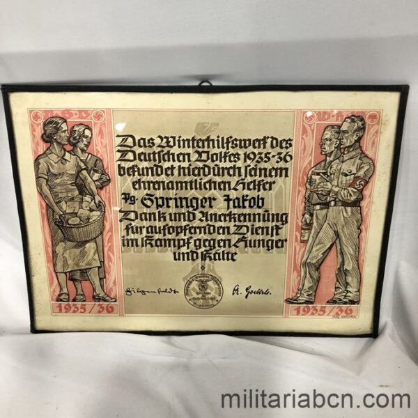 Germany III Reich. Diploma of Appreciation for collaborating with the Winterhilfswerk des Deutschen Volkes from 1935-36