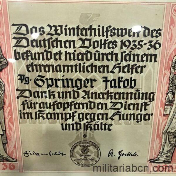 Germany III Reich. Diploma of Appreciation for collaborating with the Winterhilfswerk des Deutschen Volkes from 1935-36 center