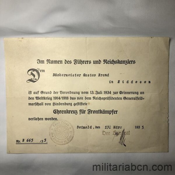 Alemania III Reich. Concesión Cruz de Honor 1914-18. Para combatientes. 1935.