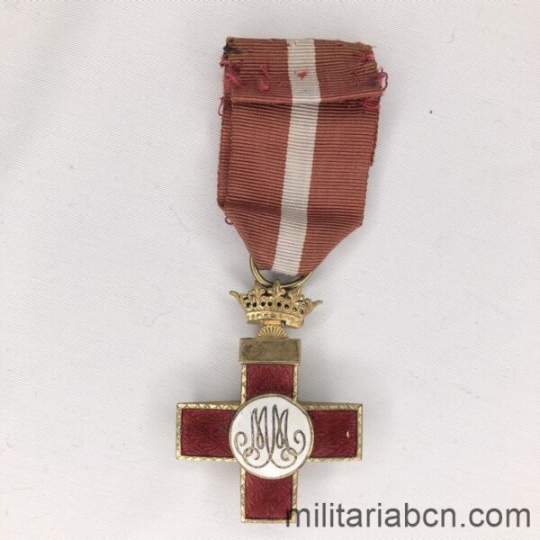 España. Cruz al Mérito Militar distintivo rojo. Época Civil. cinta reverso