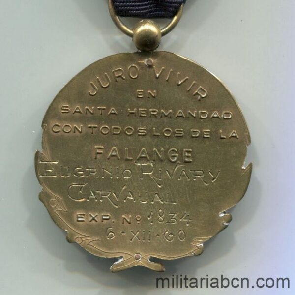 Medalla de Constancia del Frente de Juventudes de Falange. Versión oro. Medalla falangista reverso
