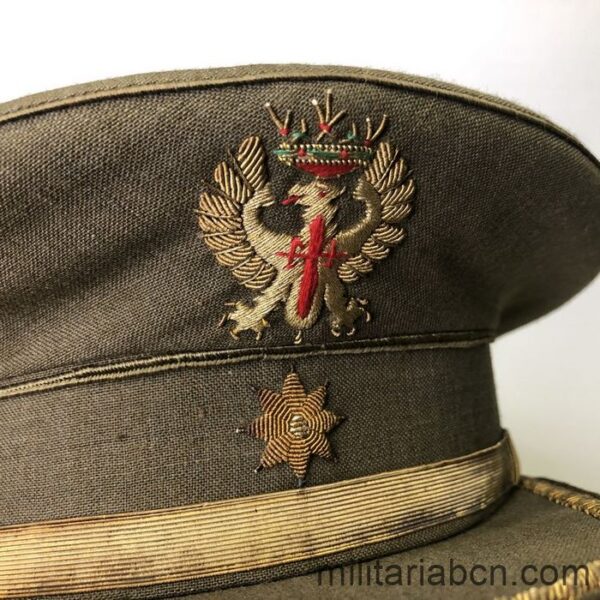 España. Gorra de Comandante del Ejército de Tierra. Modelo 1943.  Fabricada por la Sastrería Militar Saul Martínez de Barcelona.