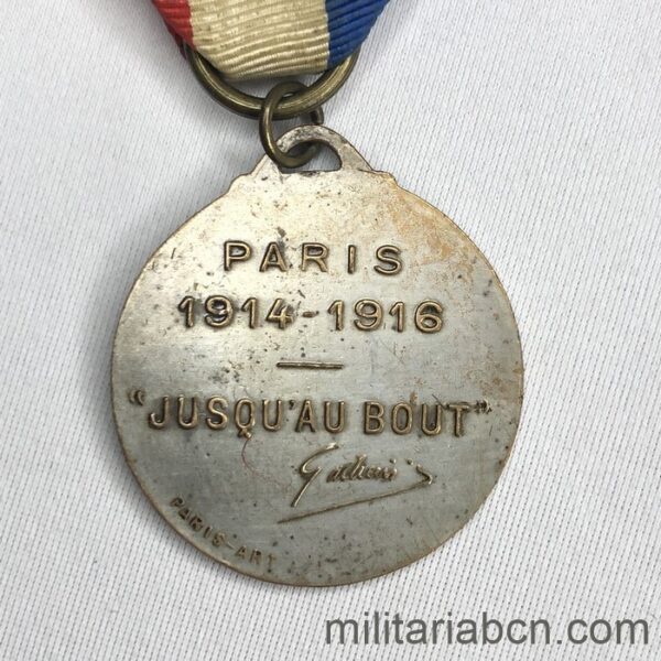 Francia. Medalla Gallieni. Paris. Jusqu'au bout. 1914-1916. Primera Guerra Mundial. reverso