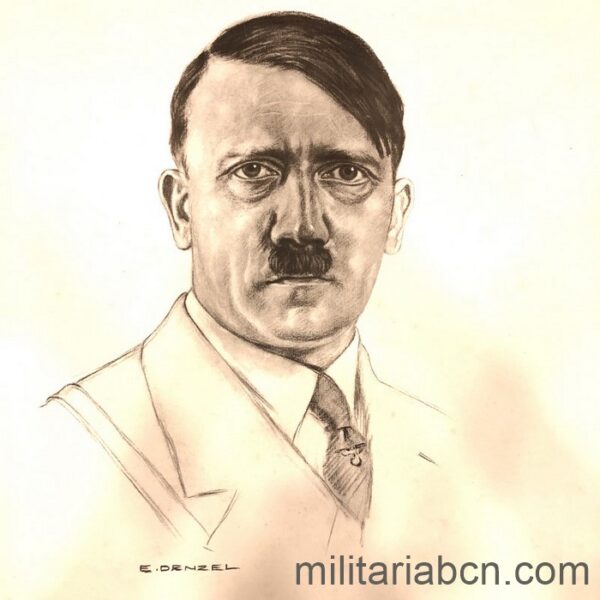 Portrait of Adolf Hitler. Poster drawn by Eugen Denzel with the motto Dem Führer die True! held in 1935 for the Saarland referendum. Printed by Mühlmeister & Johler Hamburg.