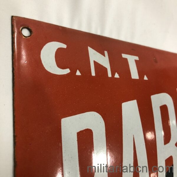 CNT AIT Barber's plate. Spanish Civil War. Enamelled steel.