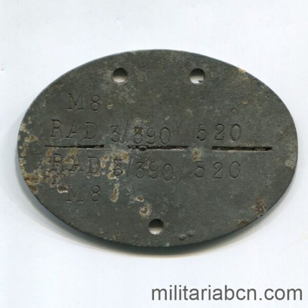 Dog tag or Erkennungsmarke of a German soldier from Department 3/390 of the RAD