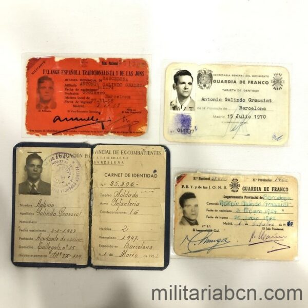 Conjunto de 4 documentos de un Combatiente de la Guerra Civil y Militante de Falange y de la Guardia de Franco.