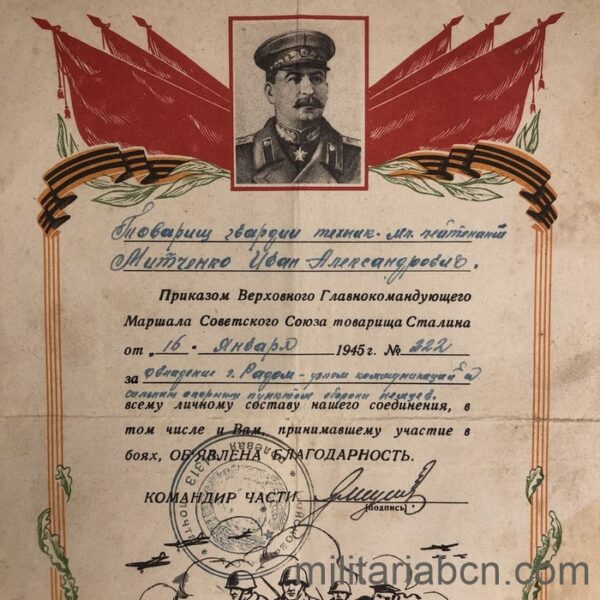 URSS Unión Soviética. Documento de agradecimiento por la captura de la ciudad de Radom, Polonia.