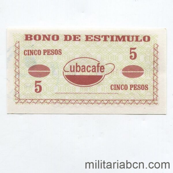 Cuba. Bono de Estímulo. Ministerio de Agricultura. Cubacafé. 5 pesos. 1996.