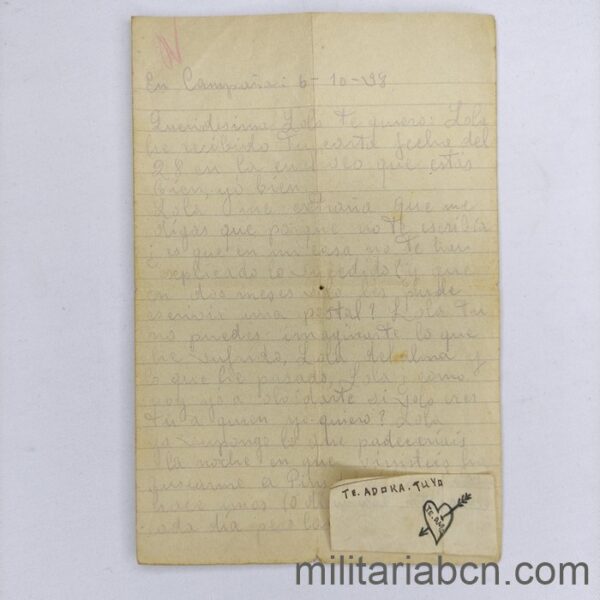 Carta de amor de un soldado del Ejército Nacional a su novia. Escrita el 6 de octubre de 1938
