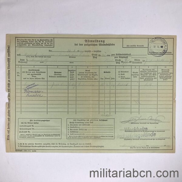 Alemania III Reich. Ficha del registro policial de un español en Alemania en 1943.