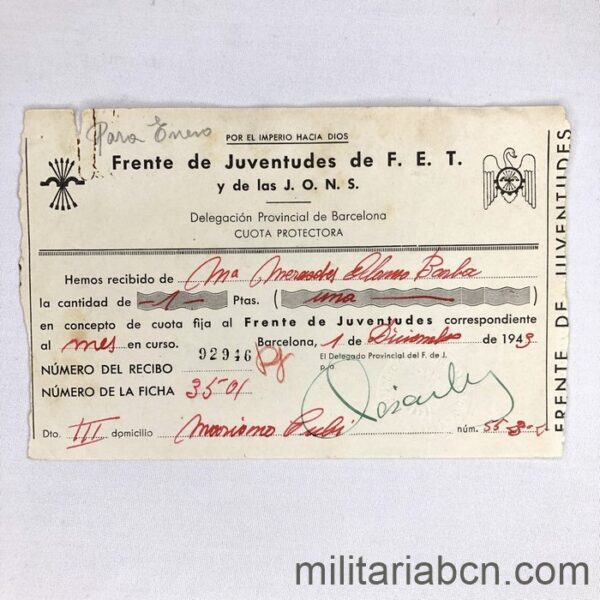 Frente de Juventudes de FET y de las JONS. Delegación Provincial de Barcelona. Cuota Protectora 1943. Documento de Falange