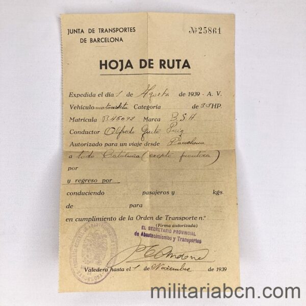 España. Hoja de ruta. Junta de Transportes de Barcelona. 1 Agosto 1939. Documento de la Guerra Civil Española.