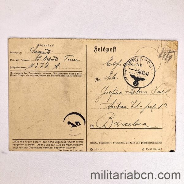 Correo de campaña de un Sargento de la División Azul enviado a su Madrina de Guerra. 27/12/1942