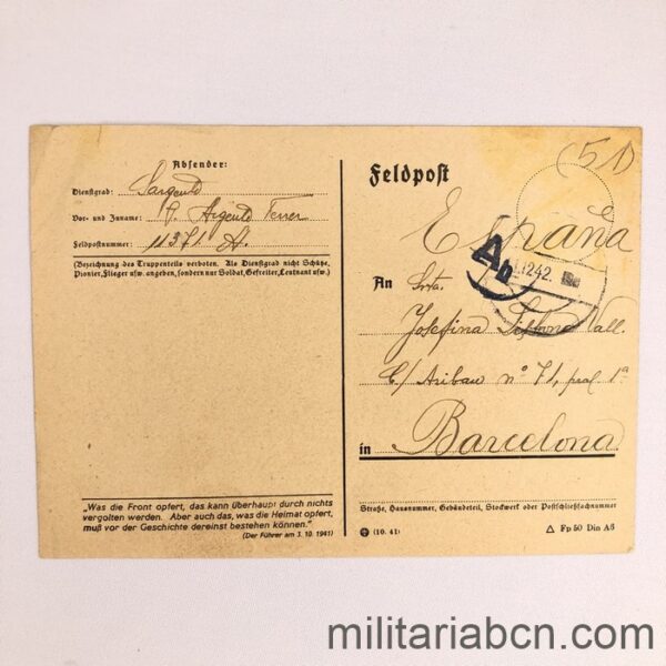 Correo de campaña de un Sargento de la División Azul enviado a su Madrina de Guerra. 9/12/1942