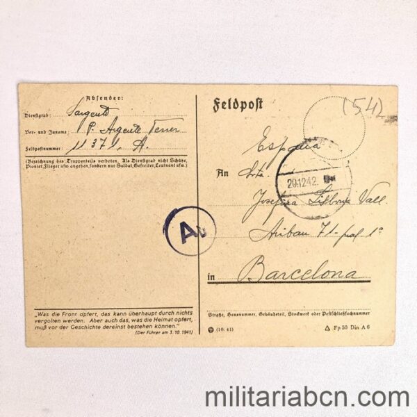 Correo de campaña de un Sargento de la División Azul enviado a su Madrina de Guerra. 19/12/1942