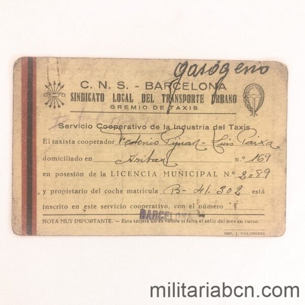Carnet de Taxista. Servicio Cooperativo de la Industria del Taxis. CNS Central Nacional Sindicalista. 1943.