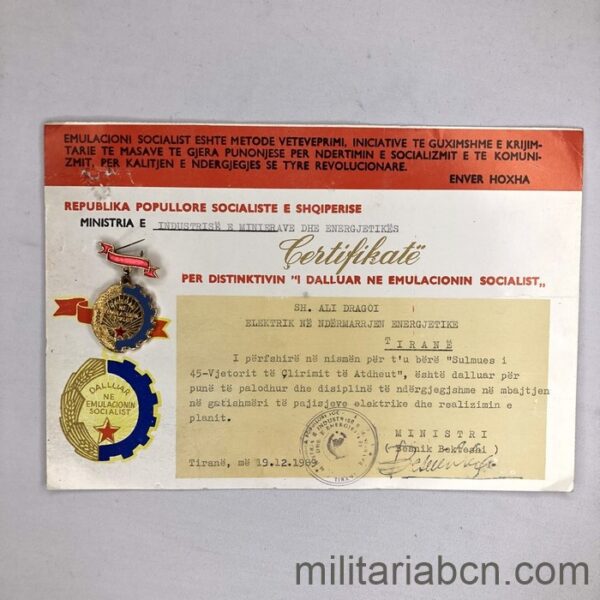 Albanian. People's Socialist Republic of Albania. Award and Insignia, Distinguished in Socialist Emulation.