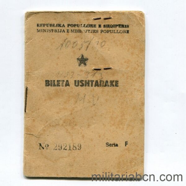 People's Socialist Republic of Albania. People's Defense Ministry. Military Card. 1962.