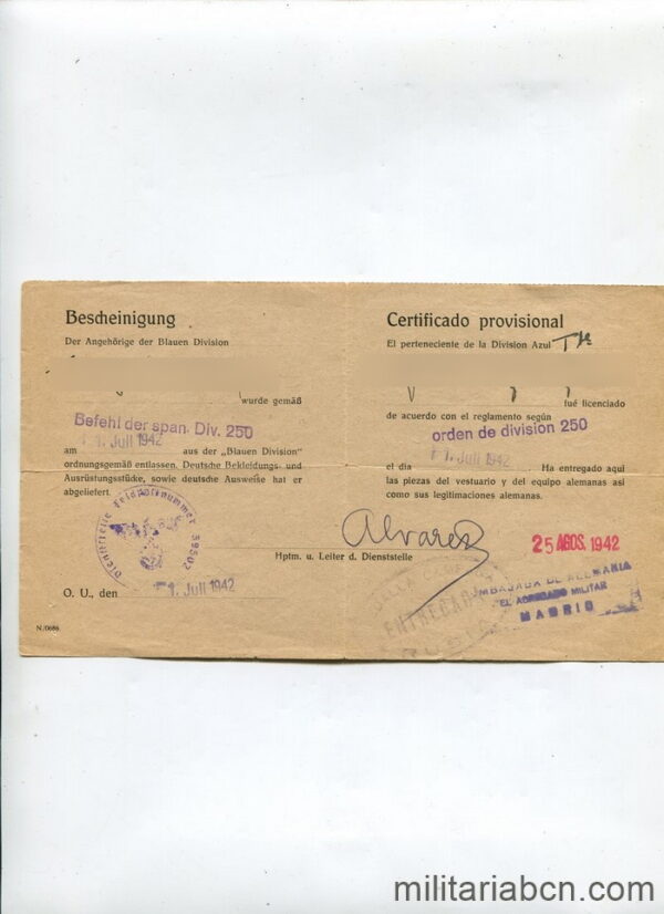 Certificado provisional, Bescheinigung, de pertenencia a la División Azul. 1942.