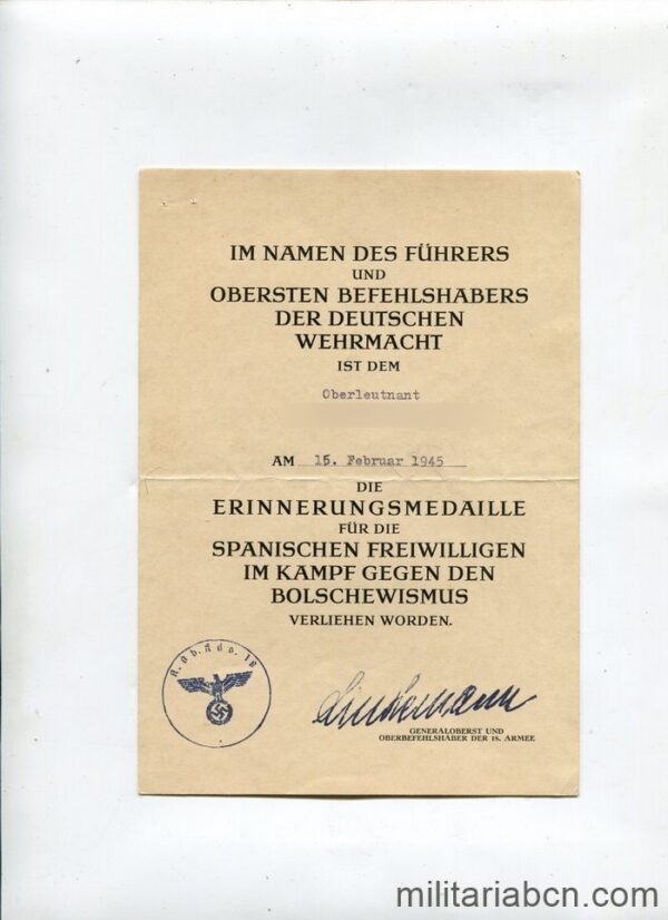Concesión de la Medalla de La División Azul versión alemana. Febrero de 1945.Firmada por el General Lindemann.
