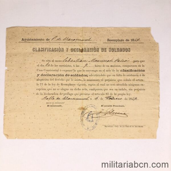 1830. Escrito del Ayuntamiento de la Pobla de Claramunt citando a un mozo para Clasificación y Declaración de Soldados.