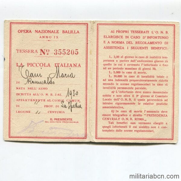 Italia. Carnet de la Opera Nazionale Balilla. Año IX. 1931. La Spezia.
