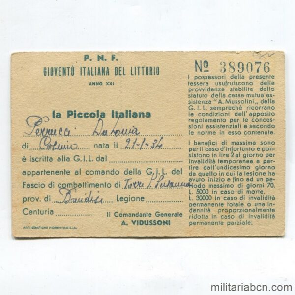 Italia. Carnet de la GIL Gioventù Italiana del Littorio. Año XXI. 1943. Brindisi.