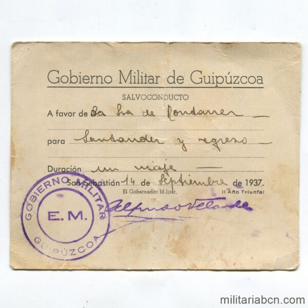 Salvoconducto. Gobierno Militar de Guipúzcoa. Septiembre de 1937.