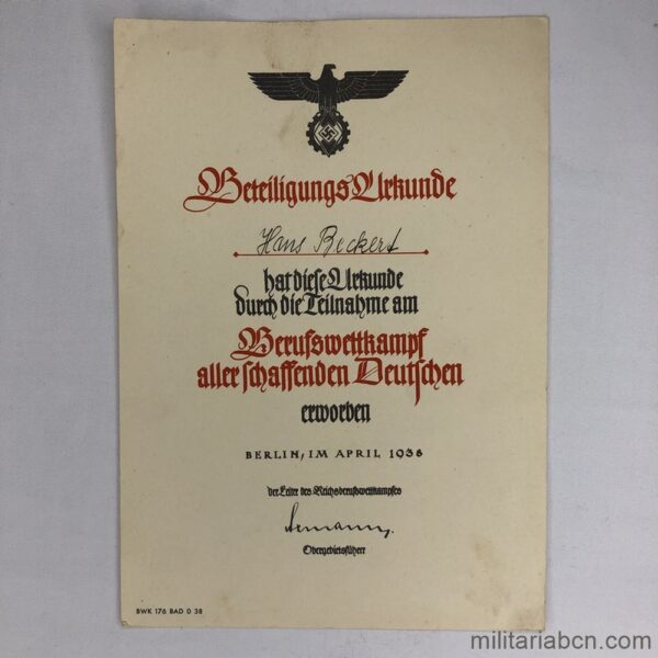 Alemania III Reich. Concesión de Trofeo Deportivo de las Hitlerjugend o Juventudes Hitlerianas. Berlín, Abril de 1938