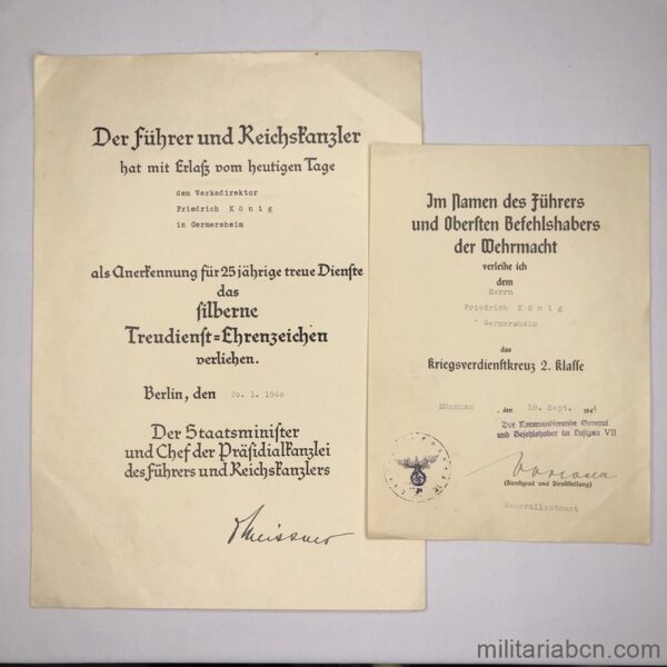 Alemania III Reich. Conjunto de dos concesiones: Cruz de 25 Años de Servicio y KVK de 2ª Clase. Medallas alemanas de la Segunda Guerra Mundial WW2
