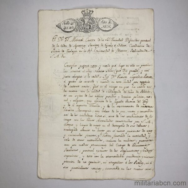 Certificado de Buena Conducta del Subdelegado de la Policía certificado por un fraile Agustino Recoleto 1826.