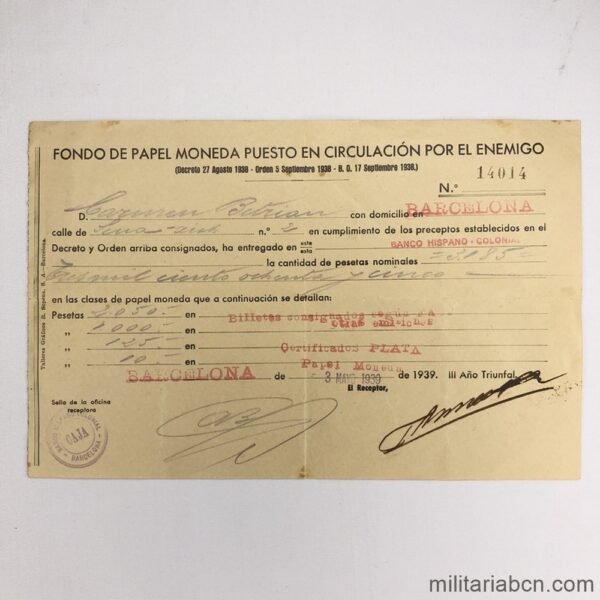 Documento de Fondo de Papel Moneda puesto en Circulación por el Enemigo. Barcelona Mayo 1939