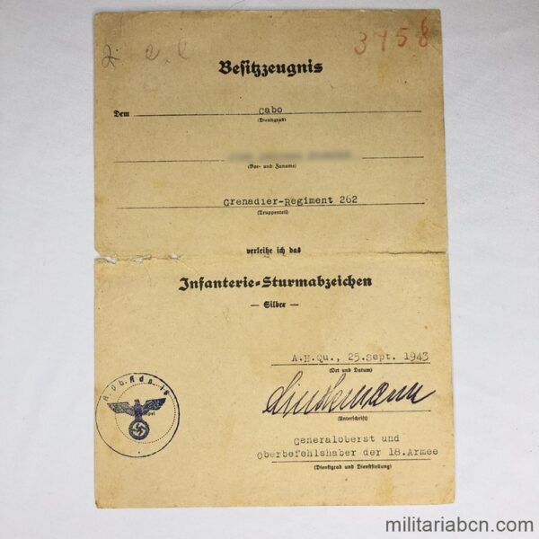 Concesión de la Placa de Infantería versión plata, Con la firma de General alemán Georg Lindemann