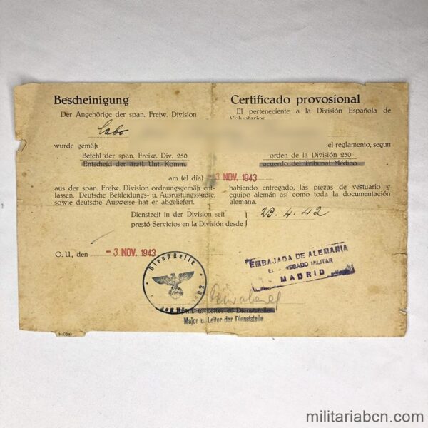 Certificado provisional de pertenencia a la División Azul. Sellado por la Embajada Alemana en España.