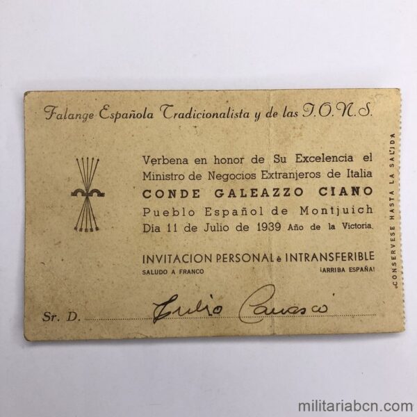 Invitación a un acto de Falange en honor al Ministro de Negocios Extranjeros de Italia, el Conde Galeazzo Ciano. Julio de 1939, Barcelona.